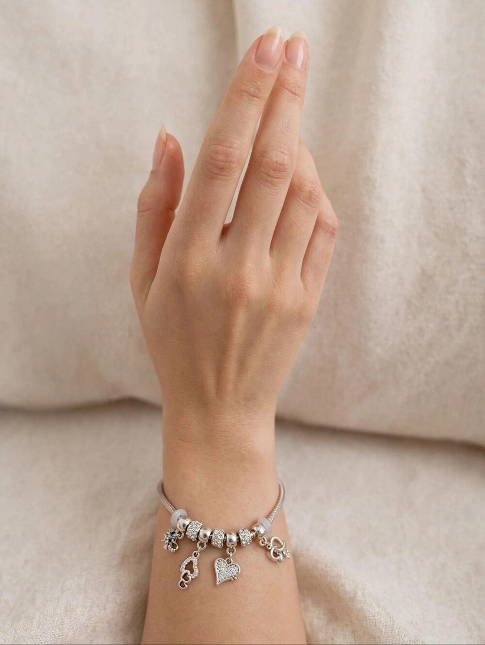 Silver Charm Bracelet with Heart Pendant - Women Jewelry